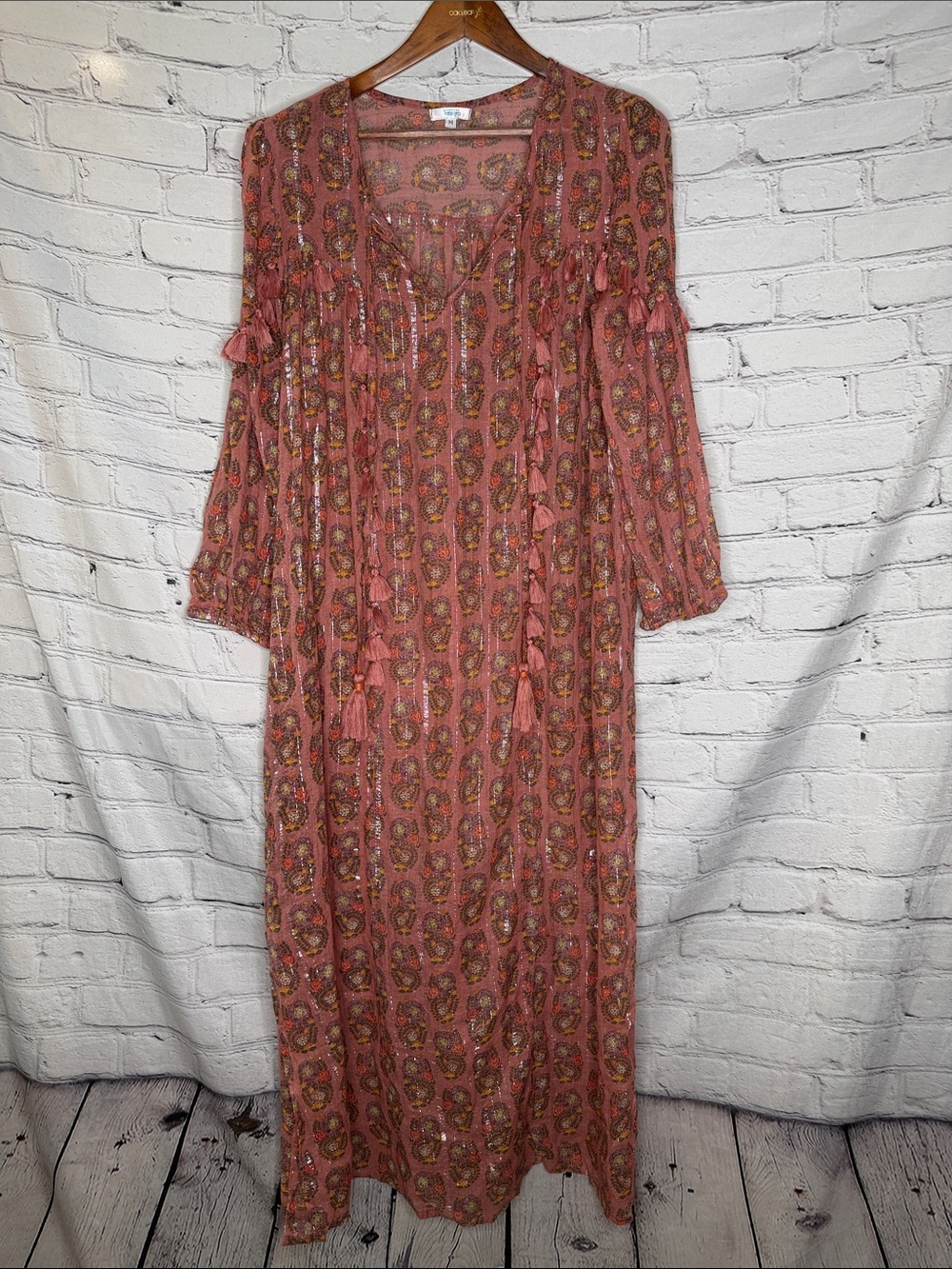 Guadalupe Sheer Boho Tassel Maxi Dress in Dusty Rose Paisley Size Medium